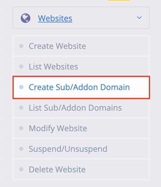 Thêm Sub-Domain vào CyberPanel: Bước chọn Create Sub/Addon Domain