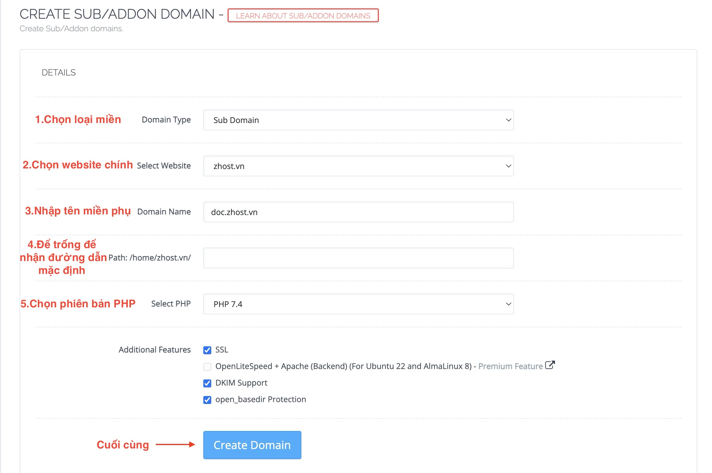 Thêm Sub-Domain vào CyberPanel: Bước điền thông tin Sub-Domain