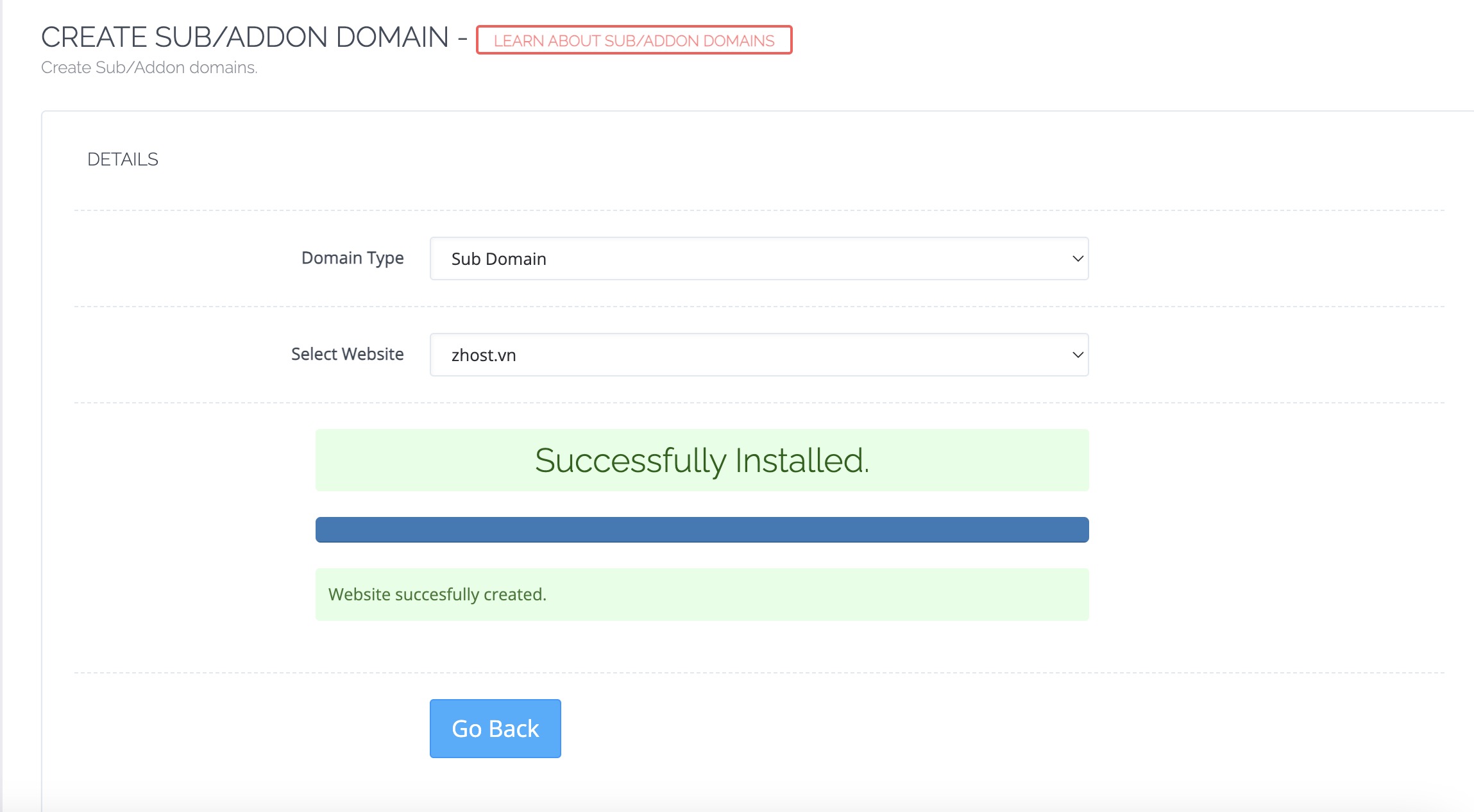 Thêm Sub-Domain vào CyberPanel: Kết quả sau khi tạo