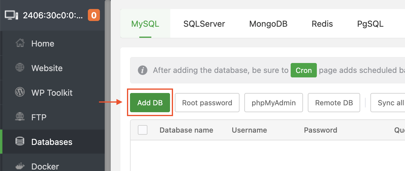 Hướng dẫn tạo database trên AApanel