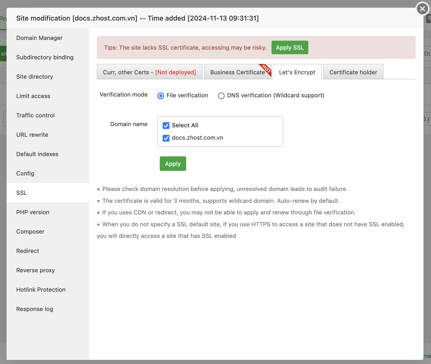 huong dan tao ssl mien phi tren hosting aapanel 5205 2
