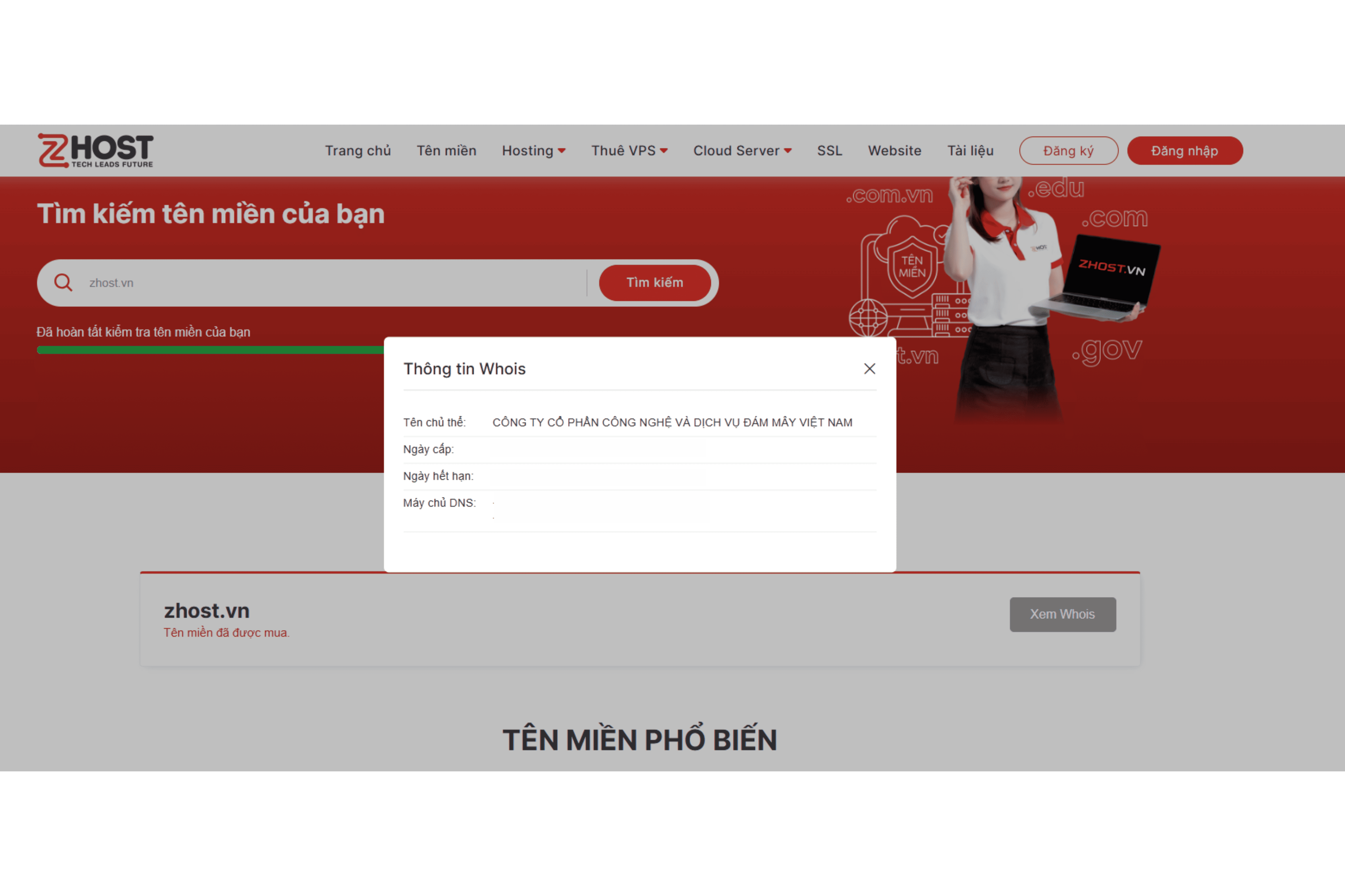 Kiểm tra tên miền trên Zhost.vn