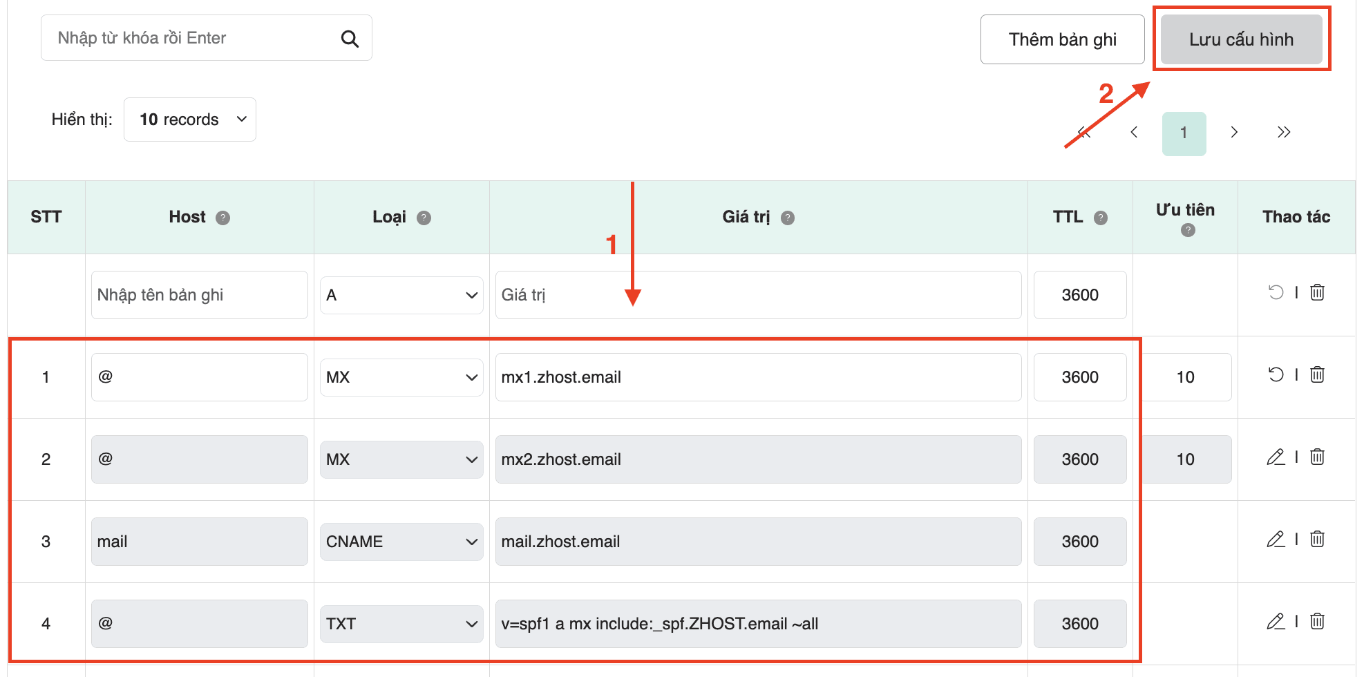 Cấu hình DNS tên miền - nhập và lưu bản ghi trên hệ thống Zhost