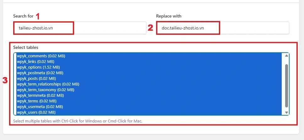 Better Search Replace WordPress chọn database