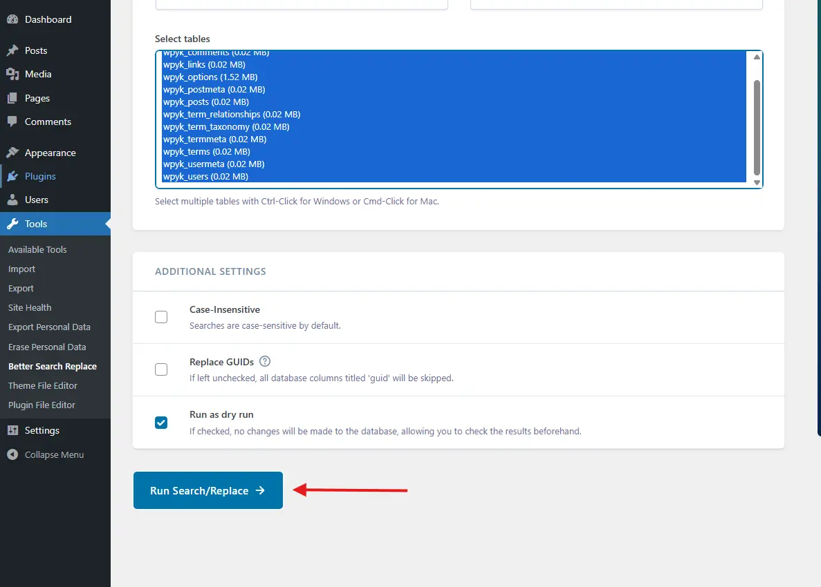 Better Search Replace WordPress run replace