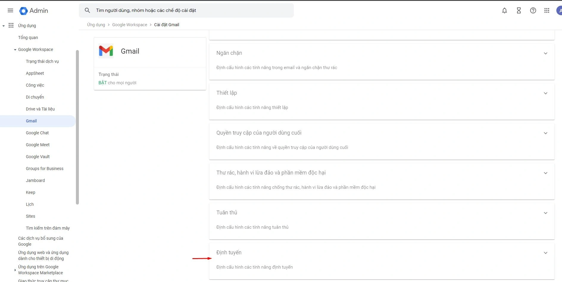 định tuyến email sử dụng song song Google Workspace và Email Business