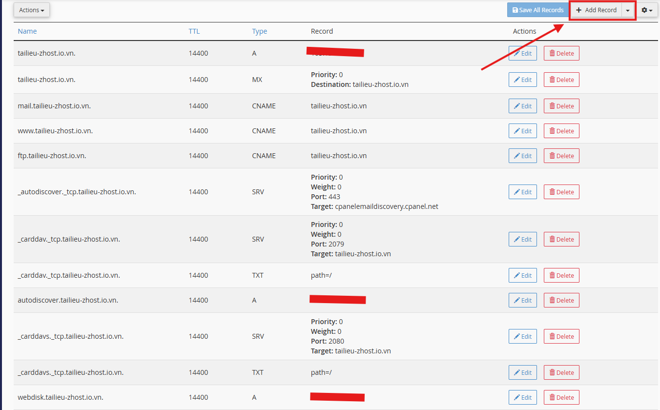 Thêm bản ghi DNS trong Zone Editor cPanel